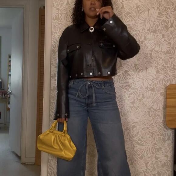 Nanushka Black Faux Leather Moto Jacket MEDIUM Cropped Oversized Designer $625 - Picture 7 of 15